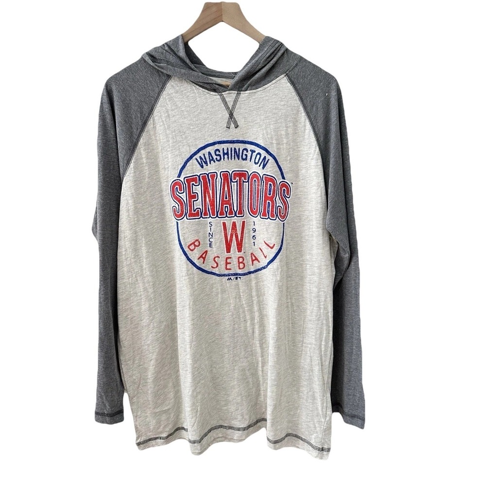 Majestic Washington Senators Hoodie L Grey White MLB Baseball Raglan‎ Tee